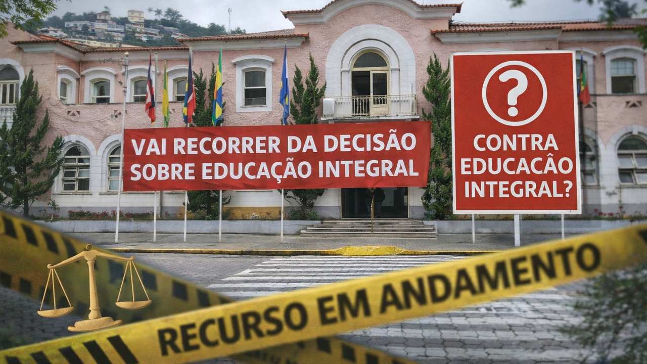 Fachada de prédio com faixas sobre educação integral e recurso em andamento.