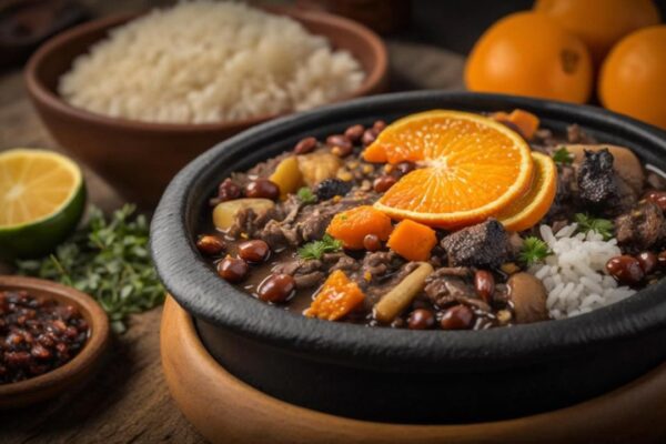 Feijoada em tigela preta com laranja, arroz e limão, representando prato culinário.