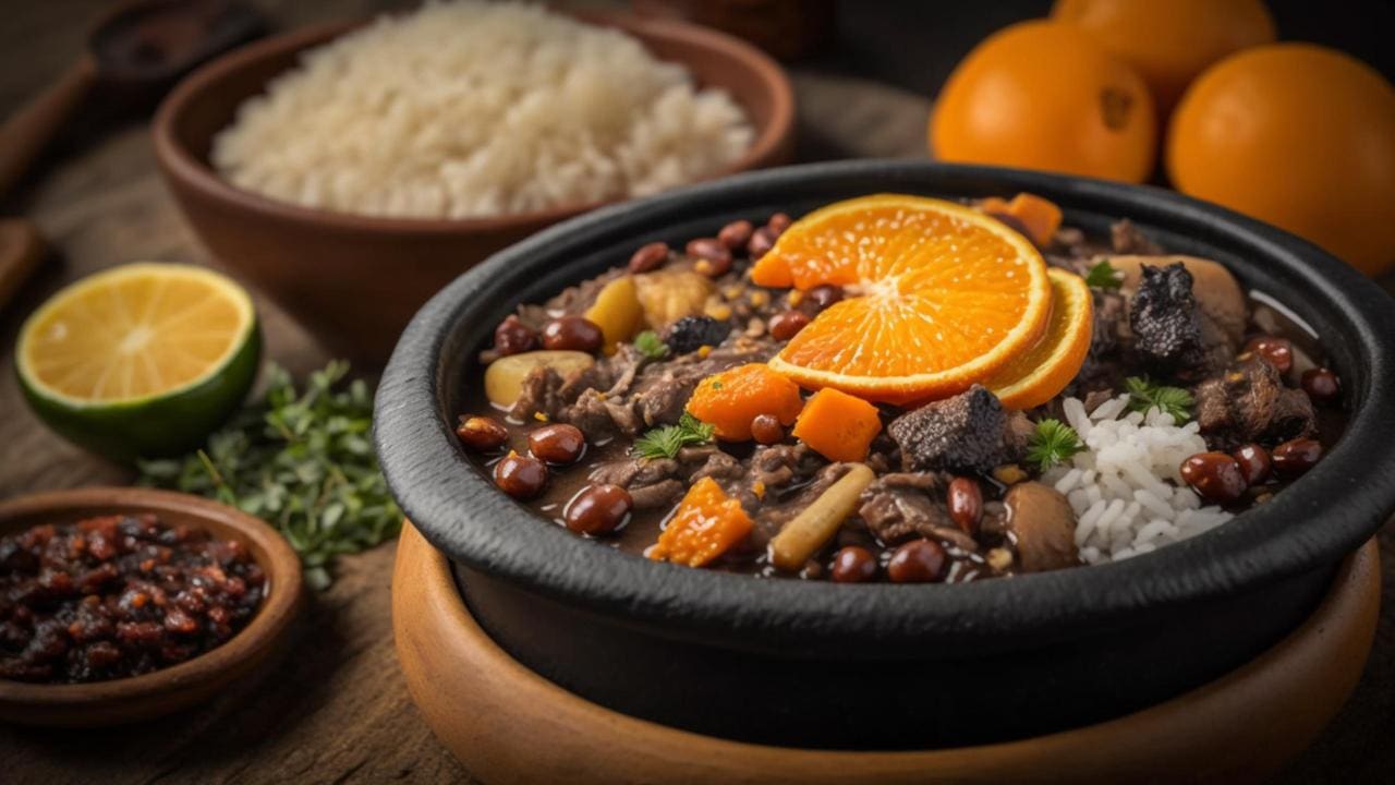 Feijoada em tigela preta com laranja, arroz e limão, representando prato culinário.