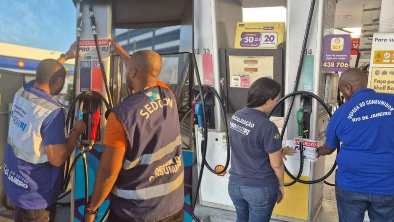 Fiscais interditam postos de gasolina no Rio de Janeiro, com selos de interdição nas bombas.