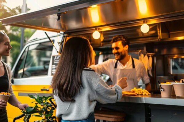 Food truck com cliente sendo atendida por funcionário sorridente.