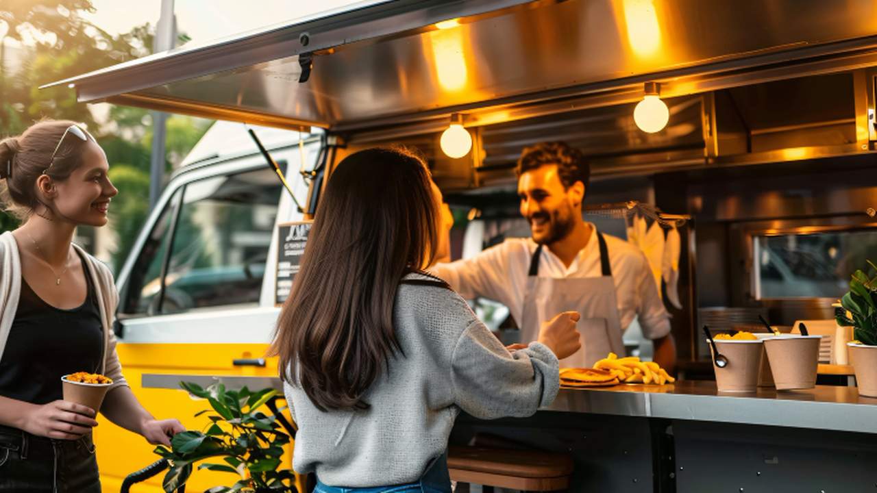 Food truck com cliente sendo atendida por funcionário sorridente.