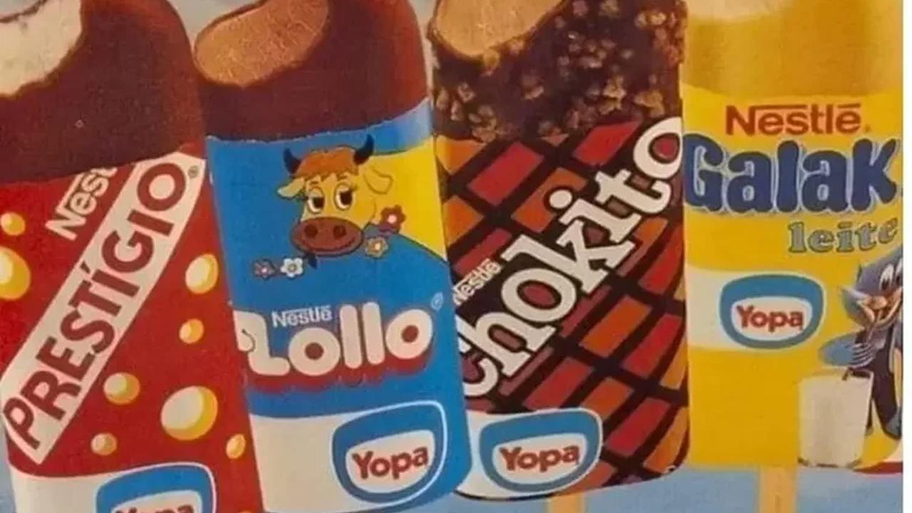 Foto de picolés antigos da Nestlé: Prestígio, Lollo, Chokito e Galak.