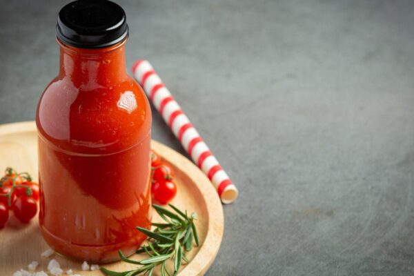 Frasco de molho de tomate com tampa preta em bandeja de madeira, com ingredientes e palito.