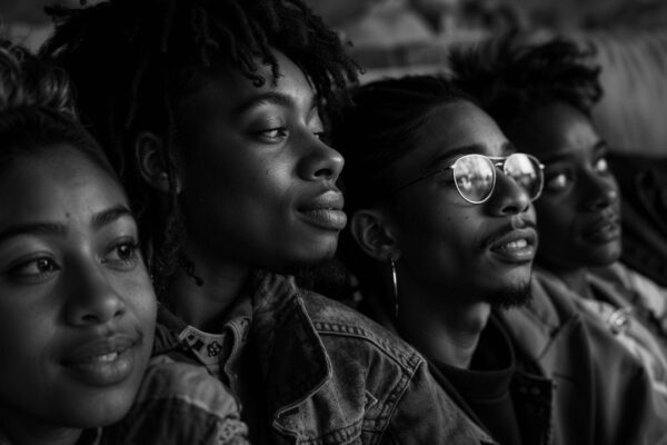 Grupo de jovens negros olhando para a direita, em preto e branco