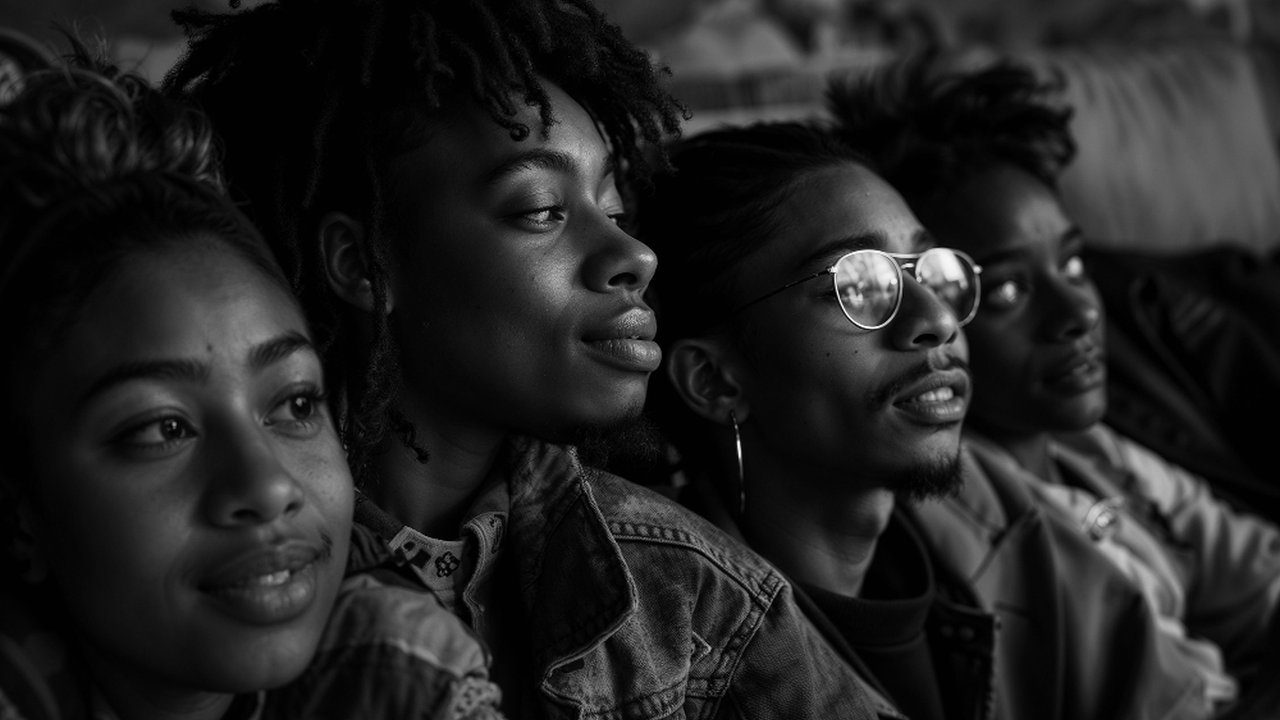 Grupo de jovens negros olhando para a direita, em preto e branco