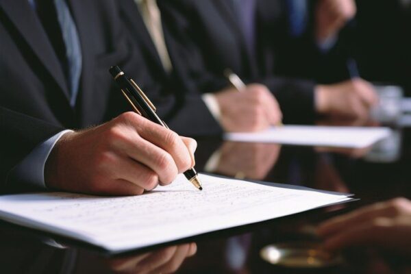 Grupo de pessoas assinando documentos em reunião.