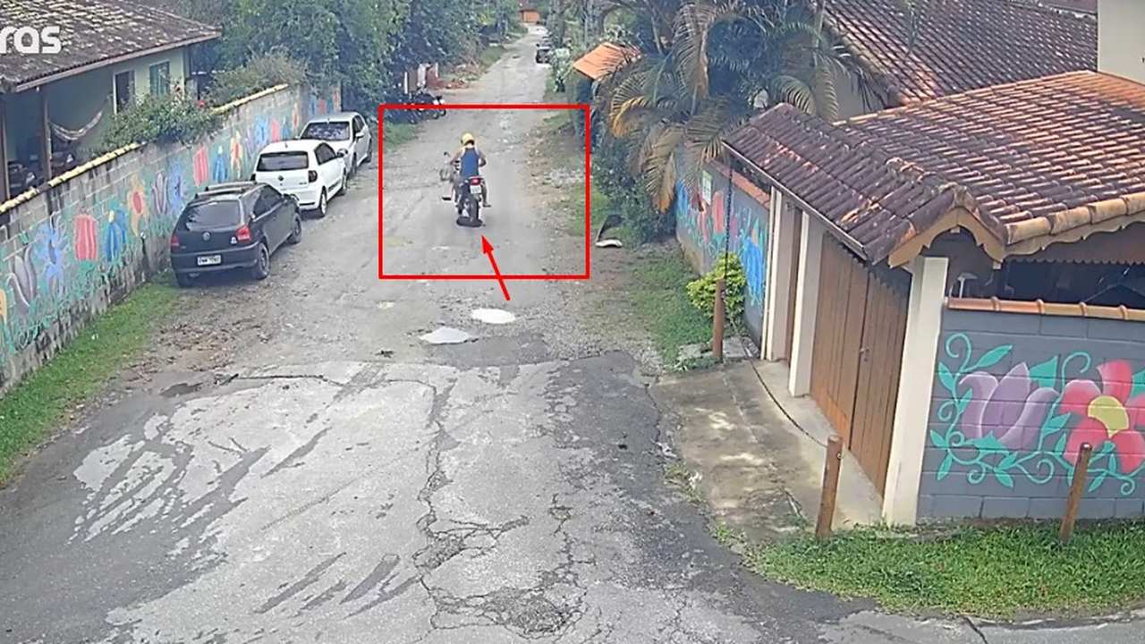 Homem em moto atropela cachorro em Lumiar, Nova Friburgo. Imagem de câmera de segurança.