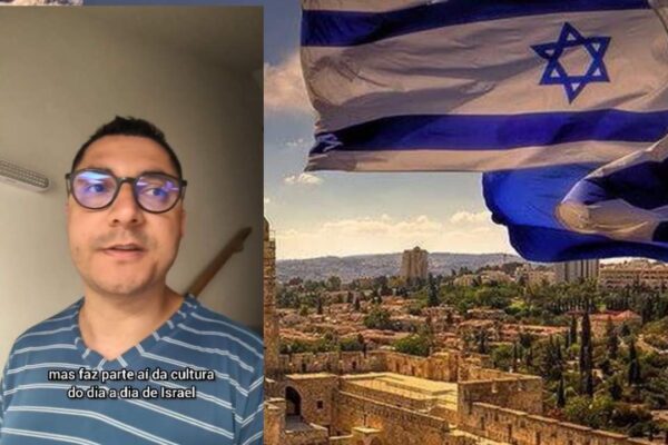 Homem fala sobre Israel com a bandeira e paisagem ao fundo