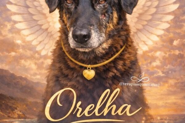 Homenagem ao cão Orelha com asas de anjo e aureola dourada, em memória.