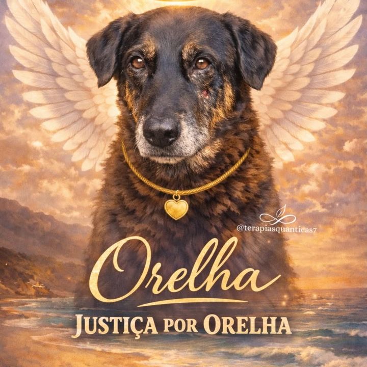 Homenagem ao cão Orelha com asas de anjo e aureola dourada, em memória.