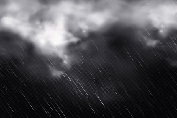 Ilustração de chuva fraca a moderada, com nuvens cinzentas e gotas caindo.