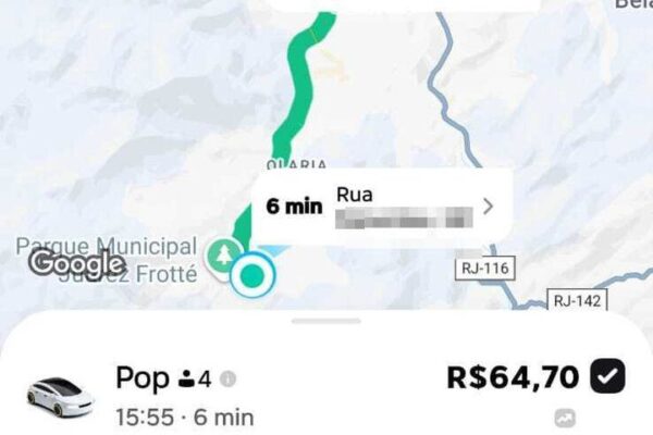 Imagem de aplicativo de transporte mostrando preço de corrida em Nova Friburgo. Pop R$64,70.