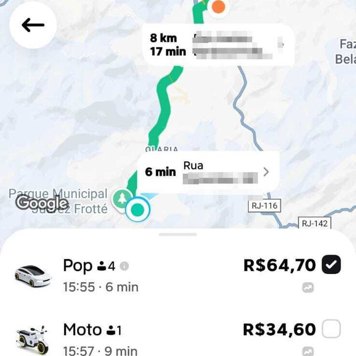 Imagem de aplicativo de transporte mostrando preço de corrida em Nova Friburgo. Pop R$64,70.
