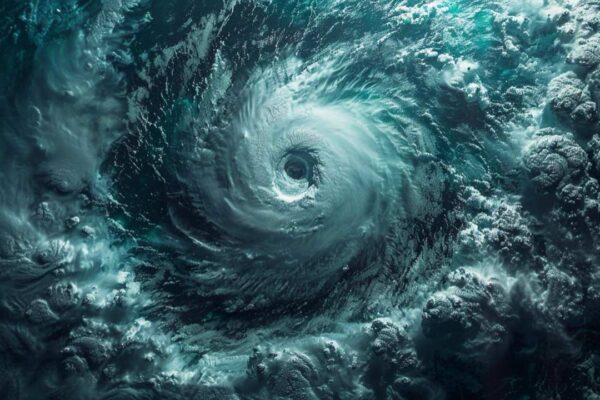 Imagem de um ciclone extratropical visto do espaço, com nuvens escuras e turbilhões.