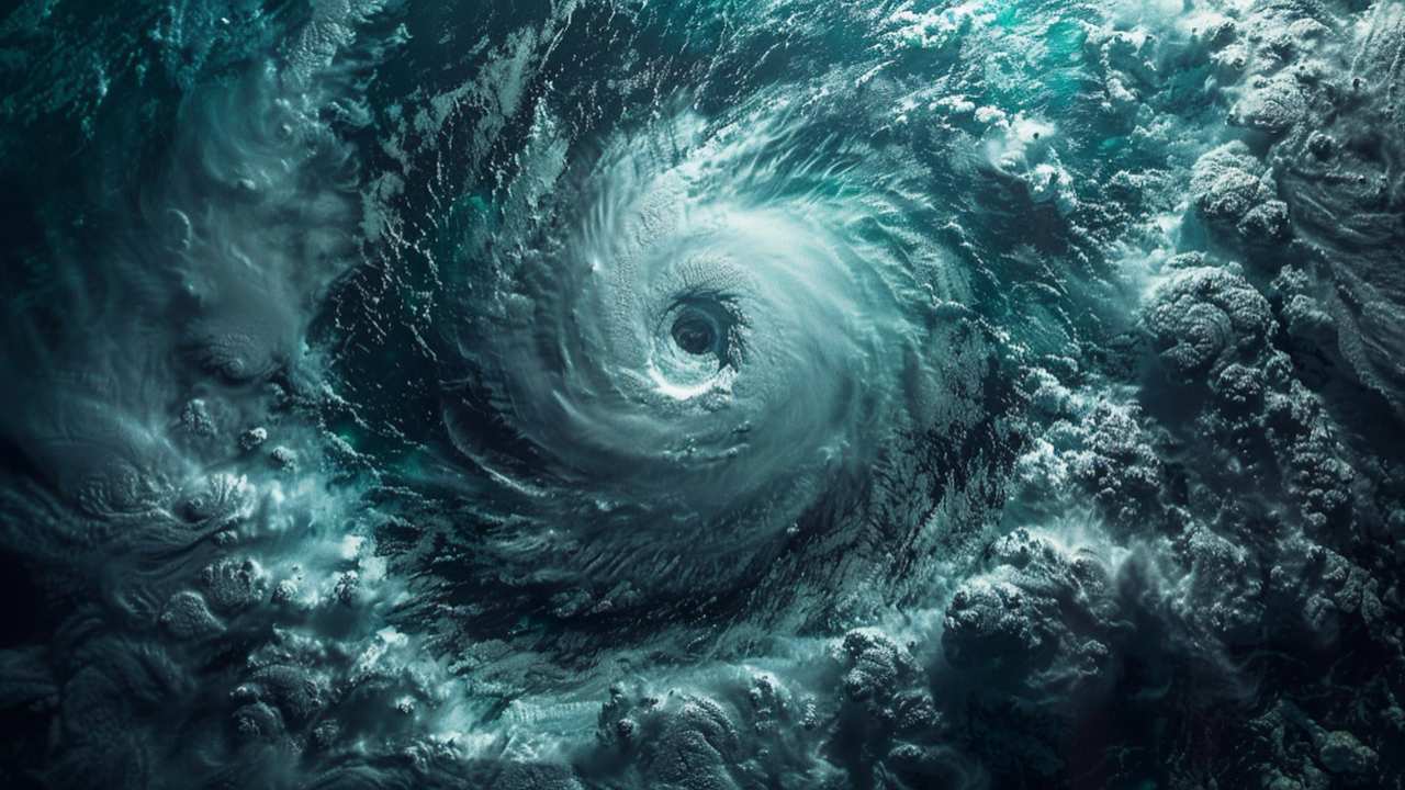 Imagem de um ciclone extratropical visto do espaço, com nuvens escuras e turbilhões.