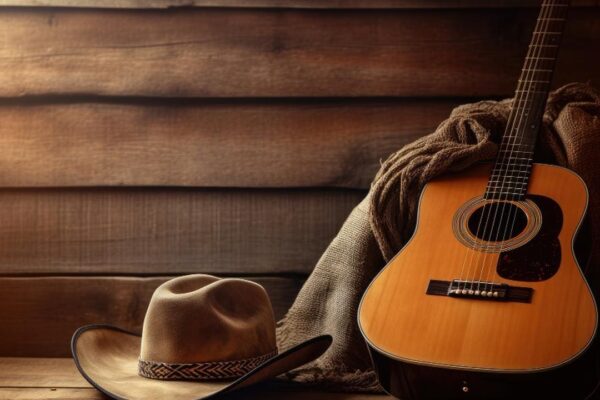 Imagem de um violão e um chapéu de cowboy em um cenário rústico de madeira.
