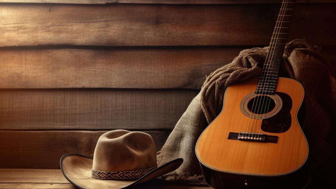 Imagem de um violão e um chapéu de cowboy em um cenário rústico de madeira.