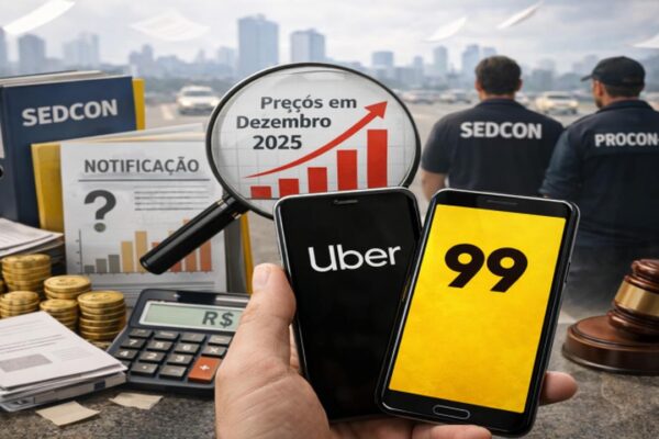 Imagem ilustrativa de Uber e 99 com gráfico de preços em alta, notificação SEDCON e ação do PROCON-RJ.
