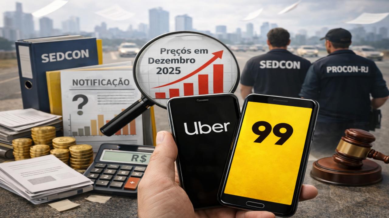 Imagem ilustrativa de Uber e 99 com gráfico de preços em alta, notificação SEDCON e ação do PROCON-RJ.