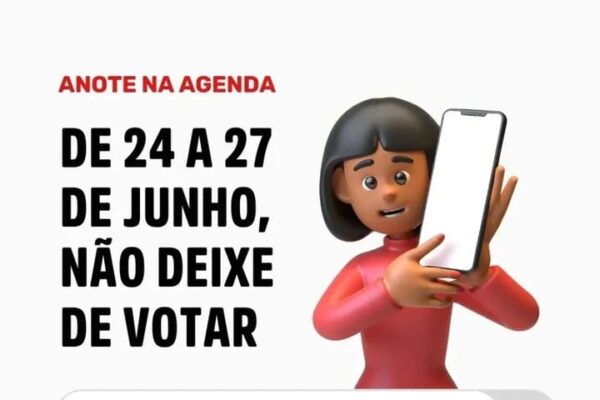 Imagem promocional das eleições de 2025 do SEPE-NF, com uma pessoa segurando um celular e texto informando sobre as datas.