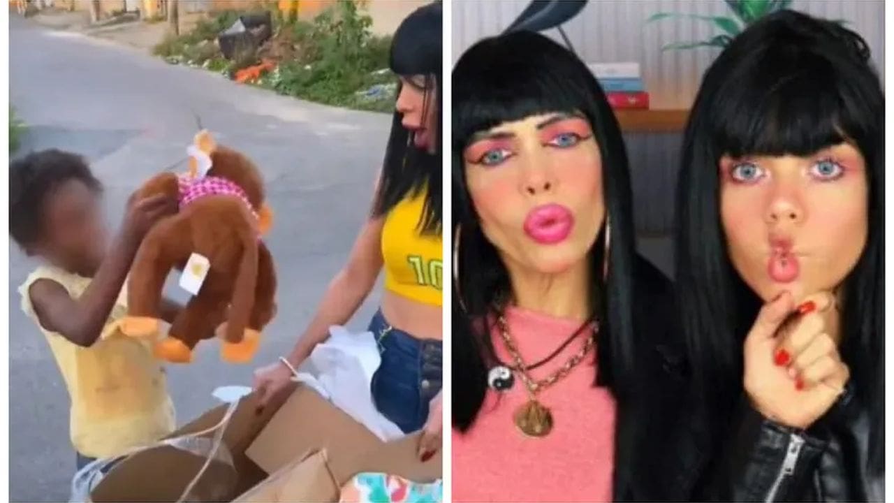 Influenciadoras oferecendo presente a criança negra, cena de cunho racista e ofensivo.