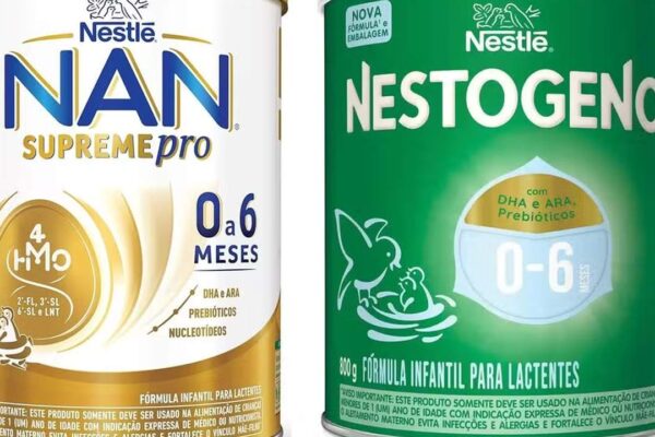 Latas de fórmula infantil Nestlé NAN Supreme Pro e Nestogeno, com foco em segurança alimentar.