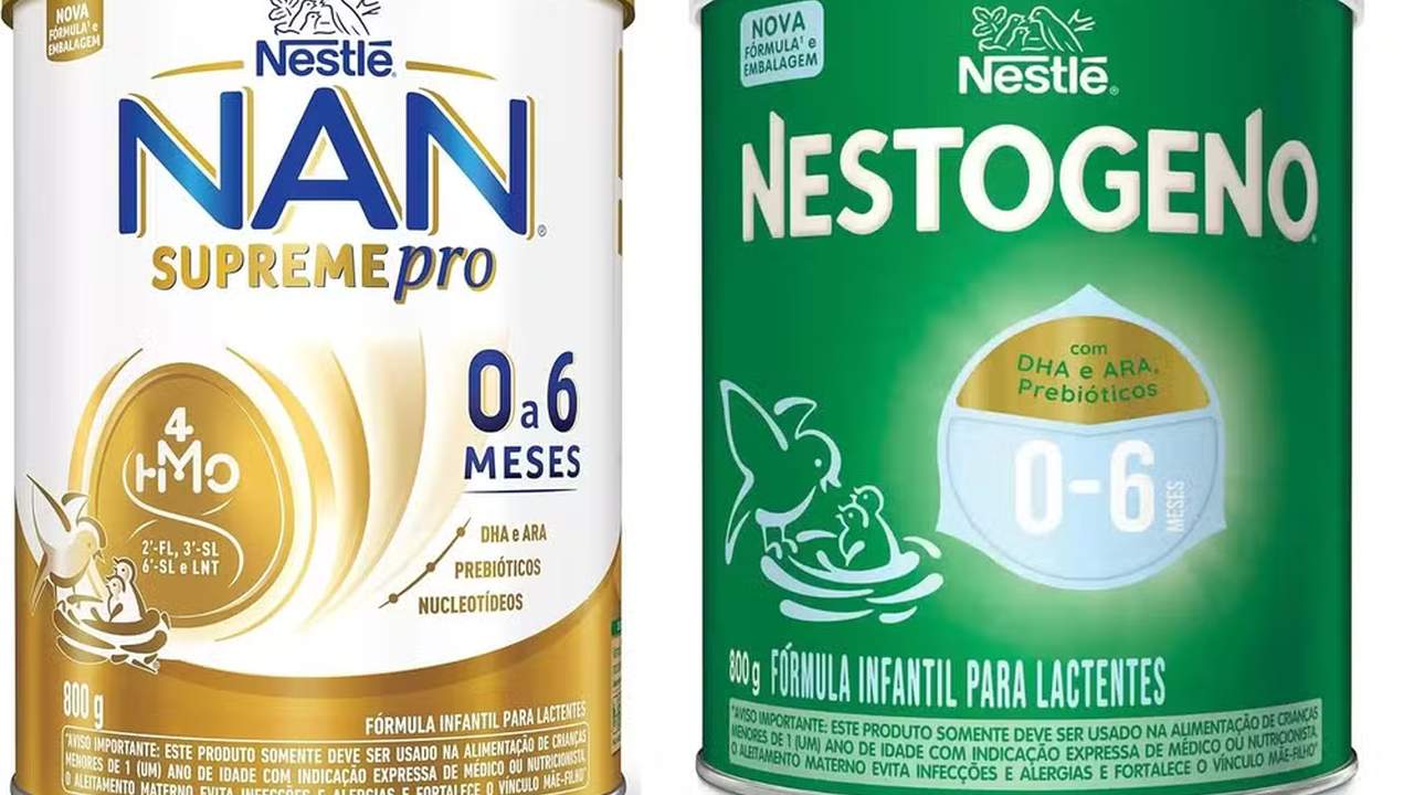 Latas de fórmula infantil Nestlé NAN Supreme Pro e Nestogeno, com foco em segurança alimentar.