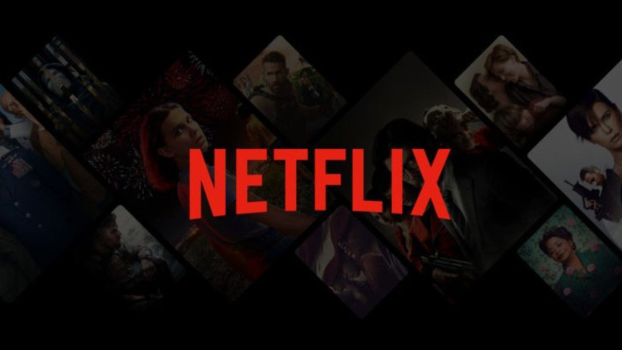 Logotipo da Netflix com imagens de séries e filmes no fundo, indicando seu catálogo.