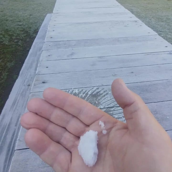 Mão segurando neve em um deck de madeira com geada, no Parque Estadual dos Três Picos.