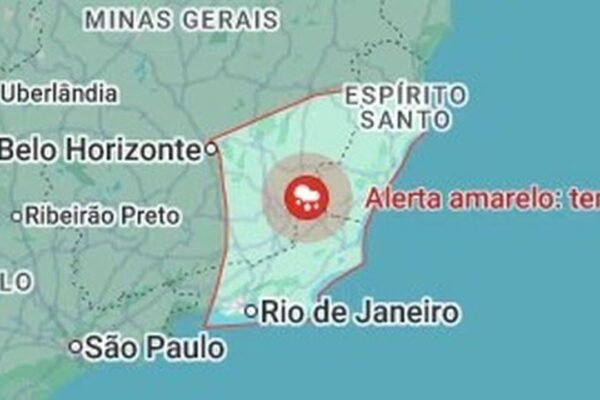 Mapa de alerta de tempo severo no Rio de Janeiro. Aviso de tempestade para a região.