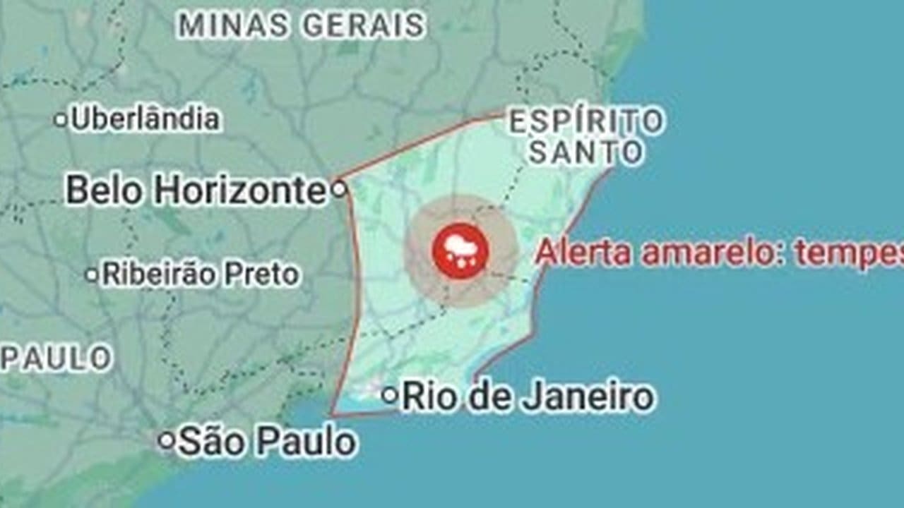 Mapa de alerta de tempo severo no Rio de Janeiro. Aviso de tempestade para a região.