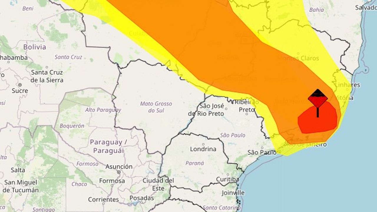 Mapa de alerta do INMET para chuva intensa no Rio de Janeiro (RJ), com áreas em laranja e vermelho.