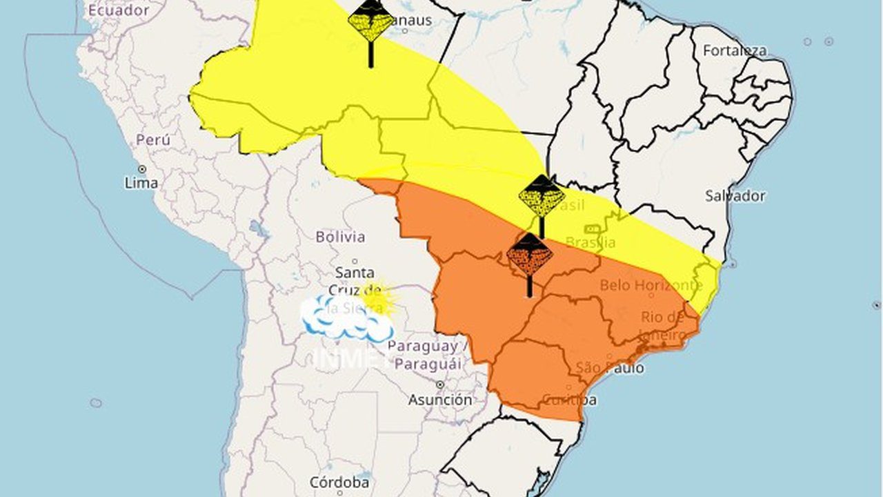 Mapa de alerta meteorológico do Inmet com áreas de perigo para tempestades na América do Sul e Brasil.
