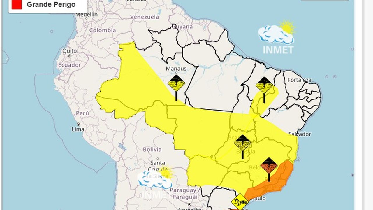 Mapa de alerta meteorológico no Brasil: áreas de perigo para tempestades em amarelo e vermelho, com foco no Rio de Janeiro.