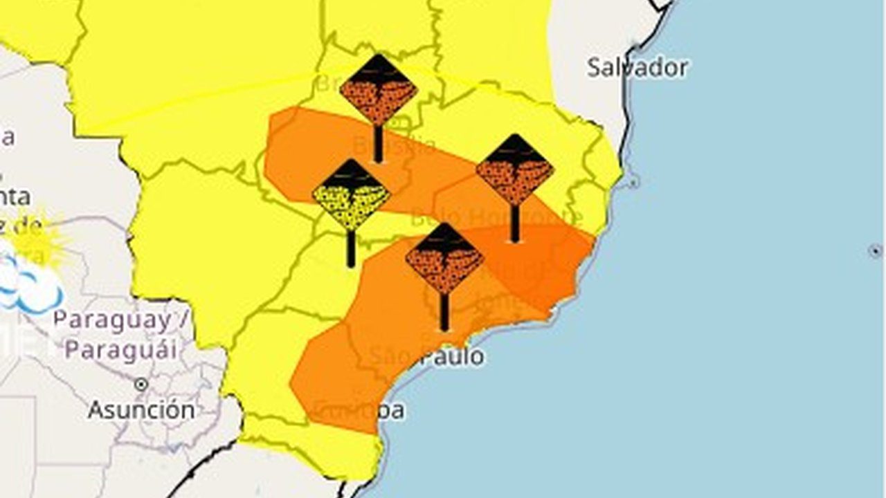 Mapa de alerta meteorológico no Brasil, indicando perigo de chuvas intensas em áreas do país, com destaque para o estado do Rio de Janeiro.