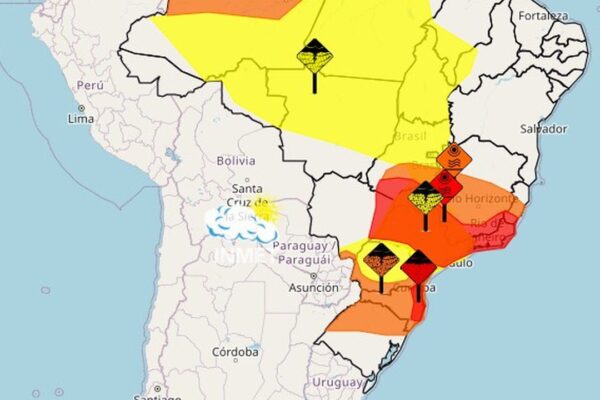Mapa de alertas climáticos do Inmet para o Brasil, com destaque para o Rio de Janeiro.