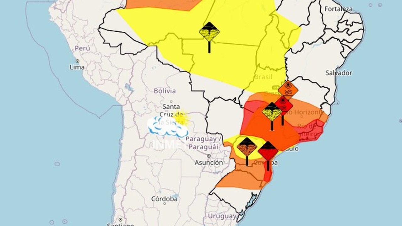 Mapa de alertas climáticos do Inmet para o Brasil, com destaque para o Rio de Janeiro.