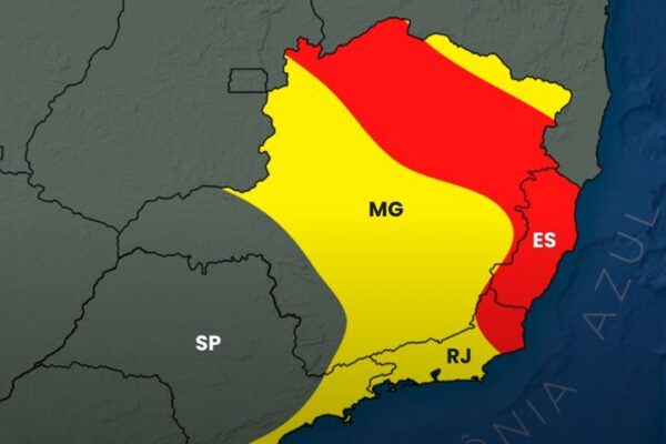 Mapa de áreas de atenção no Brasil, destacando estados como RJ, MG e ES.