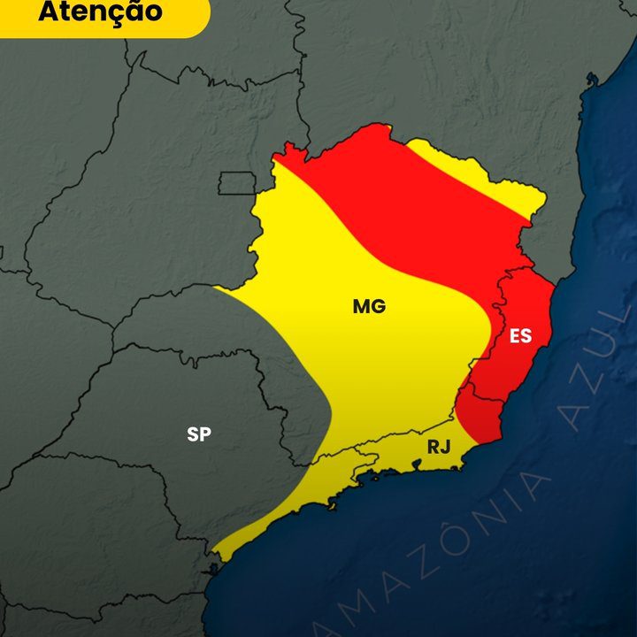 Mapa de áreas de atenção no Brasil, destacando estados como RJ, MG e ES.