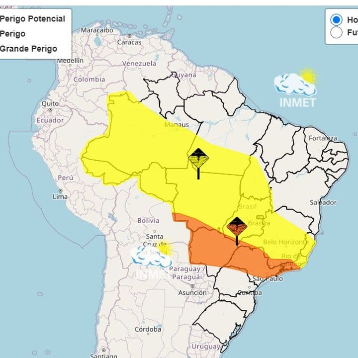 Mapa de avisos meteorológicos do INMET para chuvas no Brasil, com destaque para áreas de perigo potencial, perigo e grande perigo.