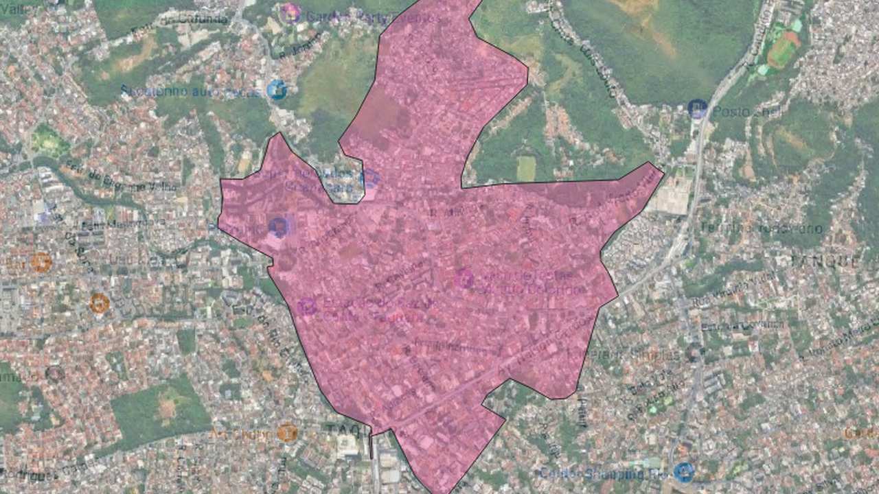 Mapa de bairros do Rio de Janeiro afetados por falhas no abastecimento de água, incluindo Miguel Pereira e Nova Iguaçu.
