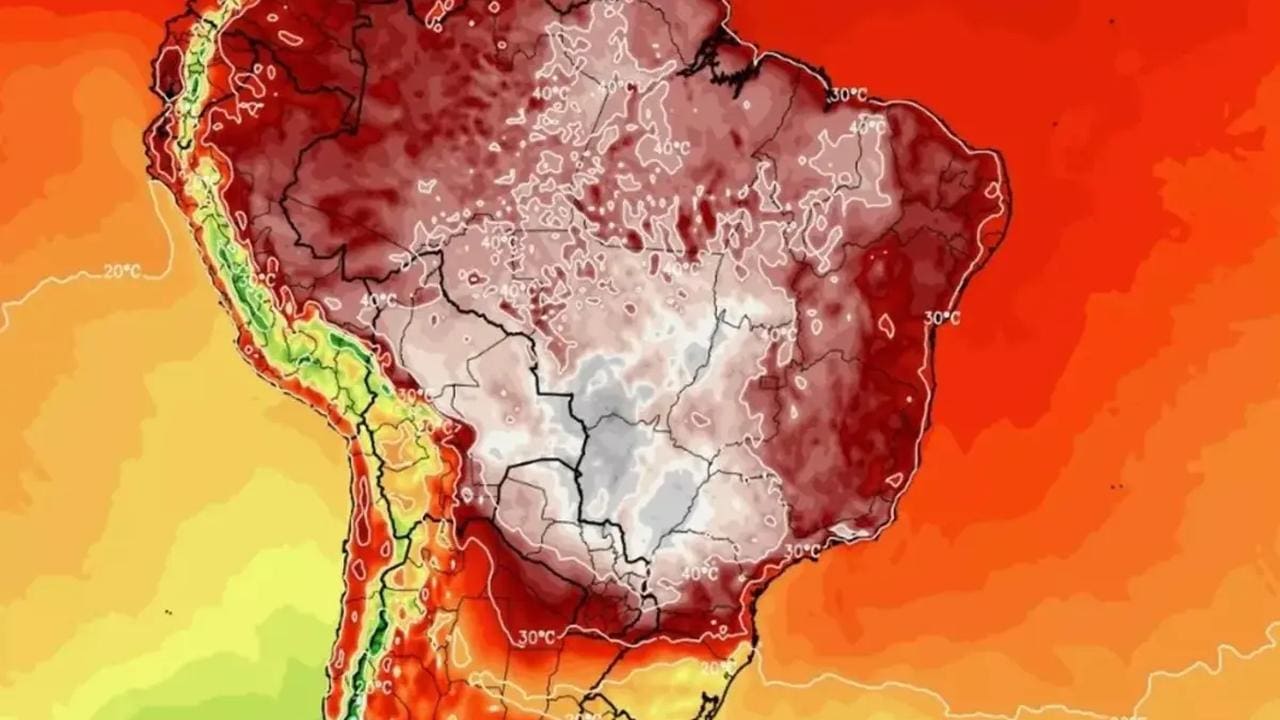 Mapa de calor da previsão do tempo para o Brasil, mostrando temperaturas elevadas.