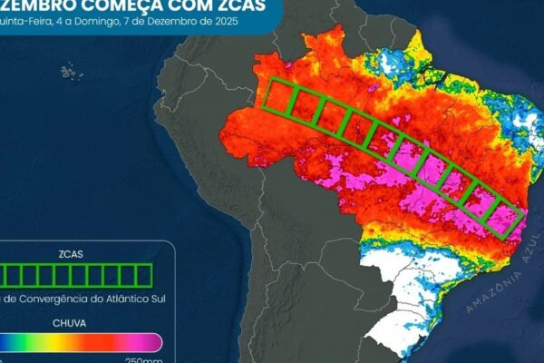 Mapa de chuva no Brasil de 4 a 7 de dezembro de 2025 com destaque para Zona de Convergência do Atlântico Sul (ZCAS).