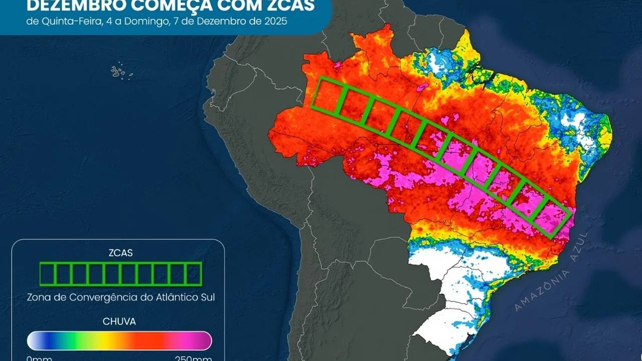Mapa de chuva no Brasil de 4 a 7 de dezembro de 2025 com destaque para Zona de Convergência do Atlântico Sul (ZCAS).