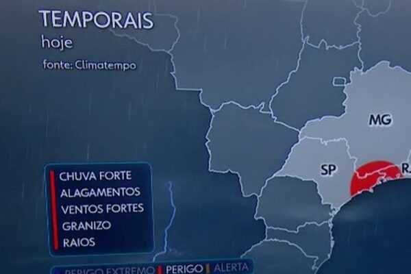 Mapa de clima com alerta de temporais no Rio de Janeiro, Brasil. Chuva forte, alagamentos, ventos fortes, granizo e raios.