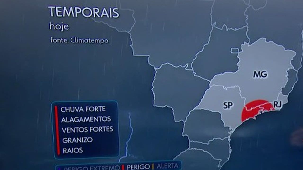 Mapa de clima com alerta de temporais no Rio de Janeiro, Brasil. Chuva forte, alagamentos, ventos fortes, granizo e raios.