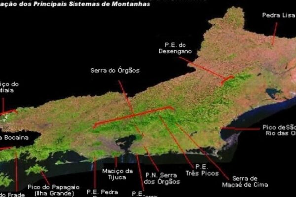 Mapa de localização dos principais sistemas de montanhas no estado do Rio de Janeiro, incluindo Serra dos Órgãos e Pico do Itatiaia.