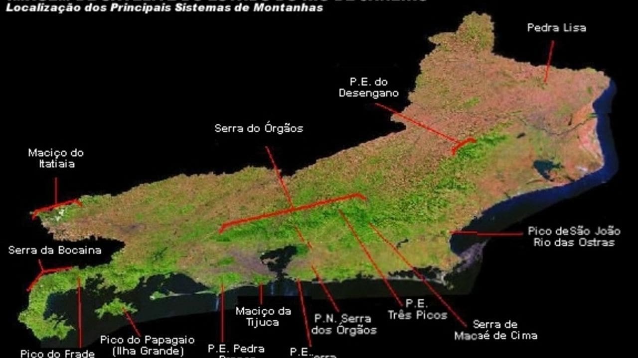 Mapa de localização dos principais sistemas de montanhas no estado do Rio de Janeiro, incluindo Serra dos Órgãos e Pico do Itatiaia.