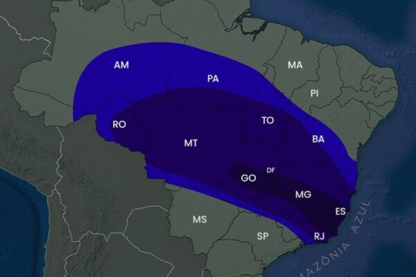 Mapa de previsão de chuva no Brasil de 19 a 23 de janeiro, com destaque para o Rio de Janeiro.